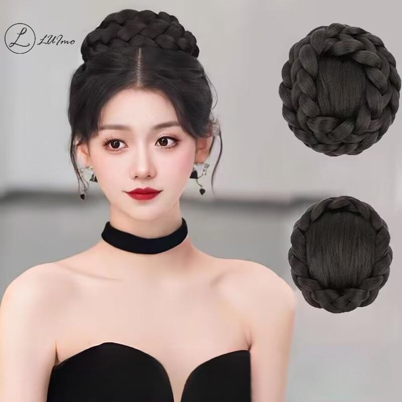 LUImo อารมณ์วิกผมสังเคราะห์ผม Bud ทรงผมเจ้าสาว 2 ชั้น Braid Bun Ball Head Shape เครื่องประดับผม Hepburn Ball Head กิ๊บติดผมหญิงสําหรับผู้หญิงใหม่