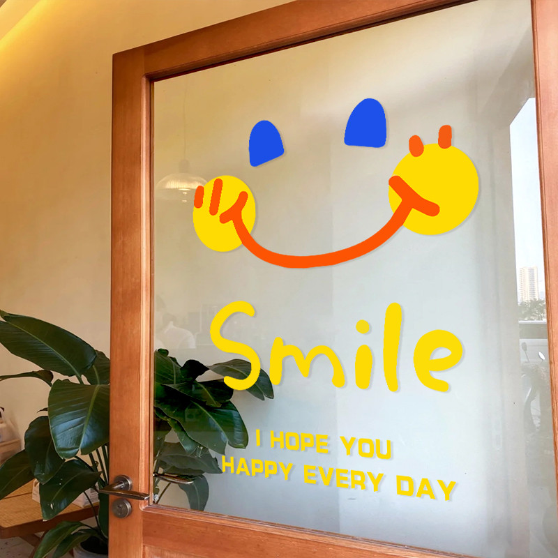 อิน การ์ตูนที่มีสีสันหน้ายิ้มสติกเกอร์แก้วเค้กนมชาร้านกาแฟประตูกระจกตกแต่งไฟฟ้าสถิตสติกเกอร์