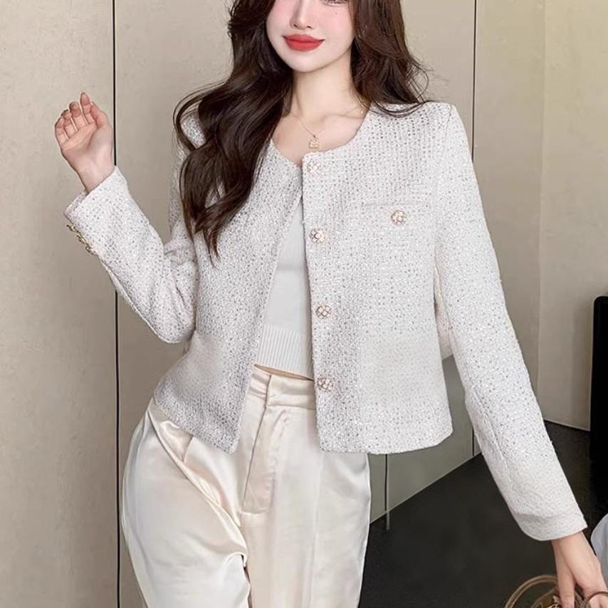 อ๊อฟ ขาว Blazer เสื้อทวิต ผู้หญิง  สไตล์คุณหนู มีซับในตัว เสื้อคลุม งานสวยหรูหรา กระดุมผ่ากลาง แขนยาว 			
