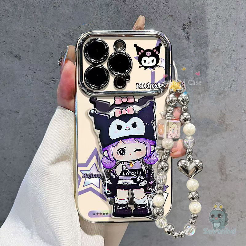 สําหรับiphone 11 16 15 14 13 12 Pro Xr X Xs Max 7 8 6 6s Plusน่ารักการ์ตูนKuromiสาวสร้างสรรค์เคสโทรศัพท์ + วงเล็บ + โซ่หรูหราชุบคมชัดหน้าต่างกันกระแทกฝาครอบป้องกัน
