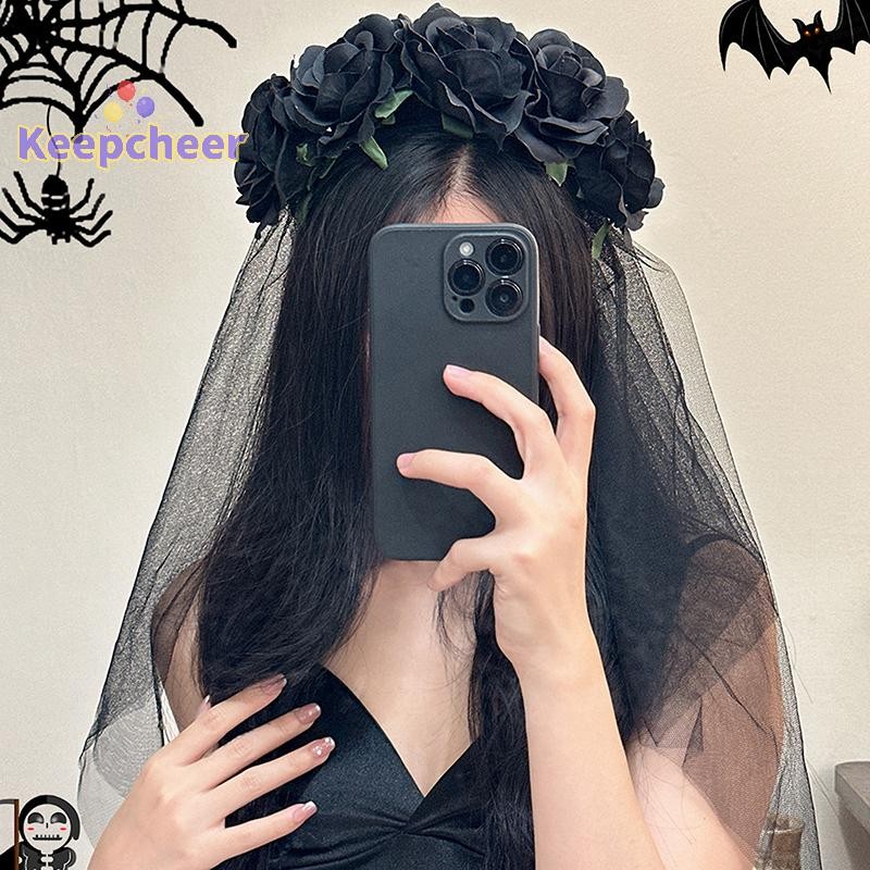 [Keepcheer] ฮาโลวีน Black Day ดอกไม้ตาข่ายแม่มดผม Hoop Rose ดอกไม้ Crown Veil Headwear เทศกาลปาร์ตี้เครื่องแต่งกาย Propps Vintage [ใหม่]