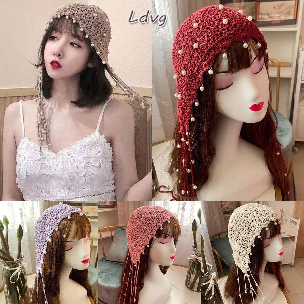 Ldvg โครเชต์หมวก, Handmade Pearl Bun หมวก, น่ารัก Breathable Retro ชาติพันธุ์ Headscarf หมวกฤดูร้อน