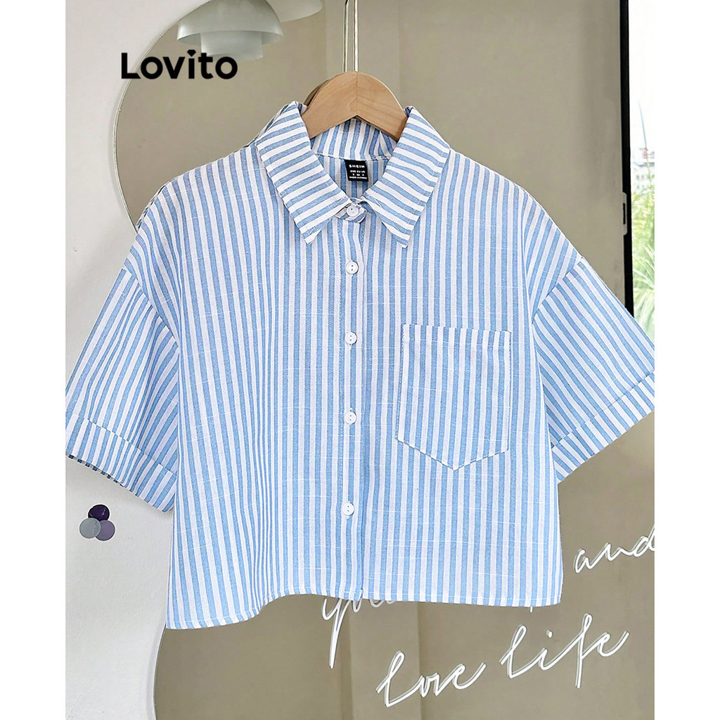 Lovito เสื้อเบลาส์ลายทางเรขาคณิตสำหรับผู้หญิง L99ED208
