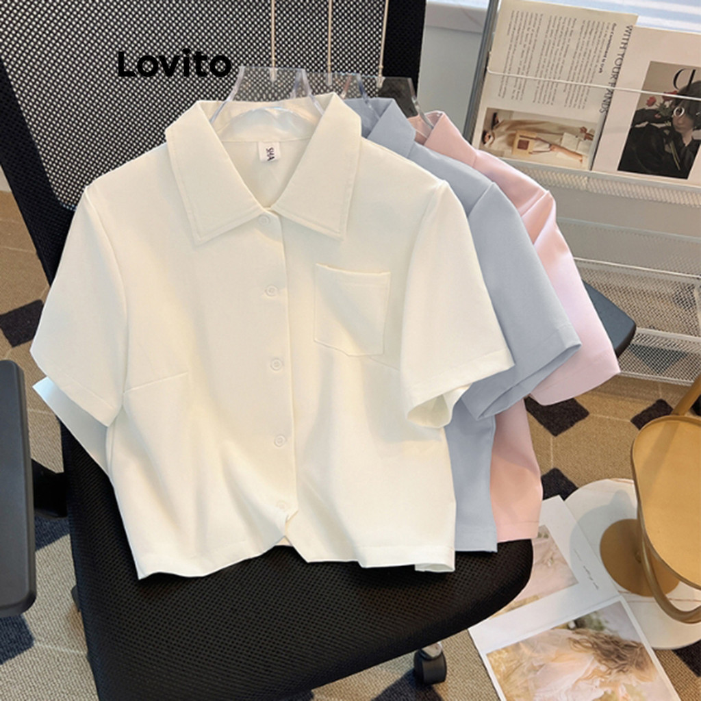 Lovito เสื้อเบลาส์ผู้หญิง มีกระดุม สีพื้น สไตล์ลำลอง LNE63081