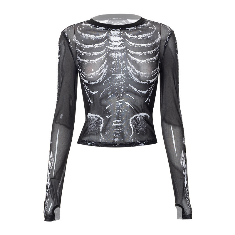 Gothic Punk Skull เสื้อยืดผู้หญิงรอบคอสีดํา Sheer แขนยาว Top