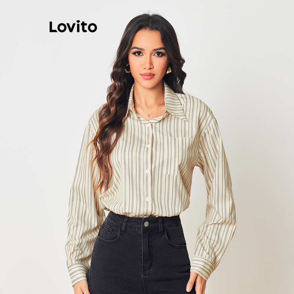 Lovito เสื้อเบลาส์ผู้หญิง แต่งกระดุม ลายทาง สไตล์ลำลอง LNL38037 (สีแอปริคอท)