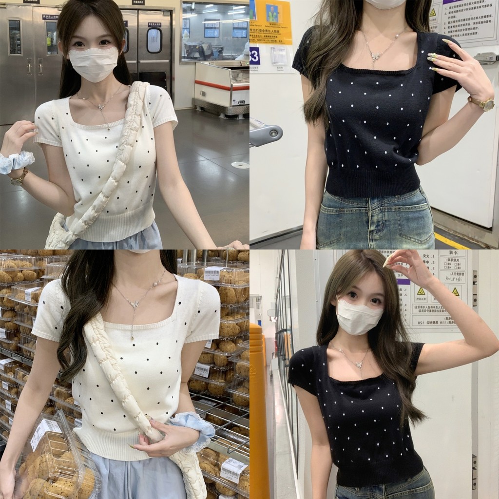 🌟Anne🌟เสื้อครอป แขนสั้น คอเหลี่ยม ลายจุด ผ้ายืด นุ่ม⭐เสื้อไหมพรม สไตล์เกาหลี แฟชั่น น่ารัก🪐#BKD4832