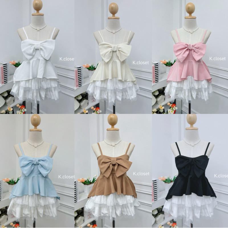 Camisole bow tops เสื้อสายเดี่ยวแต่งโบว์ทรงน่ารัก (ไม่มีฟองน้ำ)