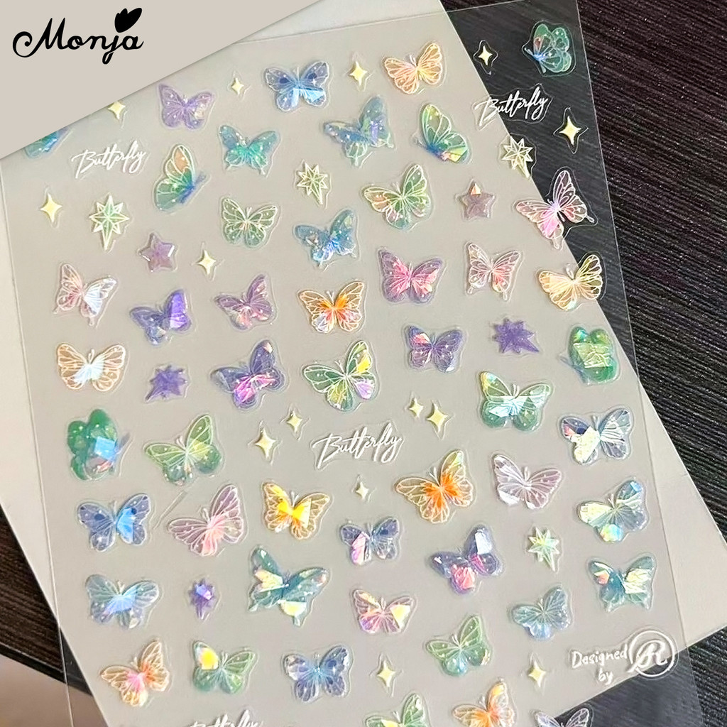 Monja 5D ผีเสื้อเลเซอร์เล็บสติกเกอร์ Bowknot Wing Streamer นูน Sliders สีสัน Decals เล็บออกแบบตกแต่ง