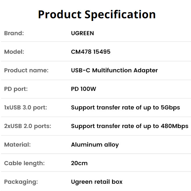 Ugreen Usb C Hub 4K HDMI 5 in 1 Usb Hub 100W USbC อะแดปเตอร์มัลติฟังก์ชั่นสําหรับ MacBook Pro