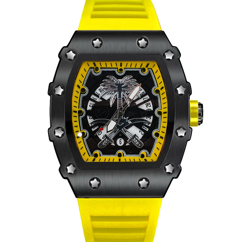 2024 ใหม่ความงามสูงแนวโน้มแฟชั่นต้นมะพร้าวไฟกลางคืนกันน้ําถังไวน์รูปนาฬิกาผู้ชาย