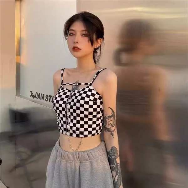 เกาะอกสีขาว เกาะอกเท่ๆ เสื้อกล้ามสายเดี่ยวลายสก๊อตสไตล์สาวฮอตสุดเท่สำหรับสาวอวบ300ไซส์ใหญ่พิเศษเสื้อแขนยาวไม่มีแขนสำหรับใส่ไปข้างนอกในฤดูร้อน2