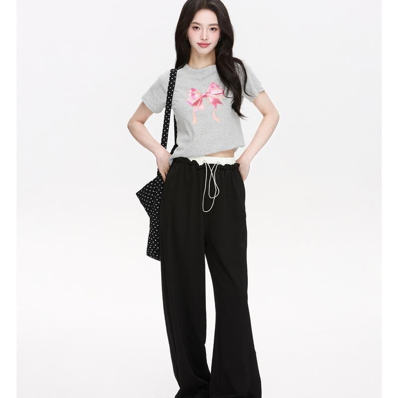 หวานน่ารักเสื้อยืดสีชมพูโบว์แขนสั้นพิมพ์บางเสื้อสำหรับผู้หญิงฤดูร้อน แฟชั่นเก๋ไก๋เสื้อยืด - รูปที่ 6