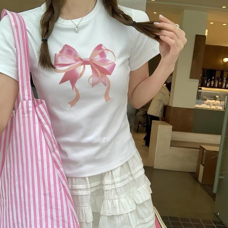 เสื้อยืดบางเฉียบ เสื้อครอป แขนสั้น พิมพ์ลายโบว์ ขนาดเล็ก เหมาะกับฤดูร้อน สําหรับผู้หญิง