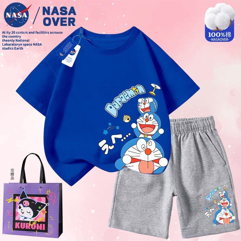 Nasa Co-Branded Doraemon ชุดสูทแขนสั้นผู้ชายผู้หญิงขนาดกลางขนาดใหญ่เด็กน่ารัก Tinkerbell Cat การ์ตูนเสื้อยืดกางเกงขาสั้นชุดสองชิ้น