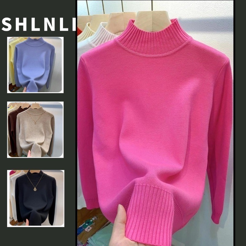 เสื้อคาร์ดิแกนถักแขนยาวหนาสําหรับฤดูใบไม้ร่วงฤดูหนาวผู้หญิงกึ่งคอสูงเสื้อกันหนาวสีทึบ