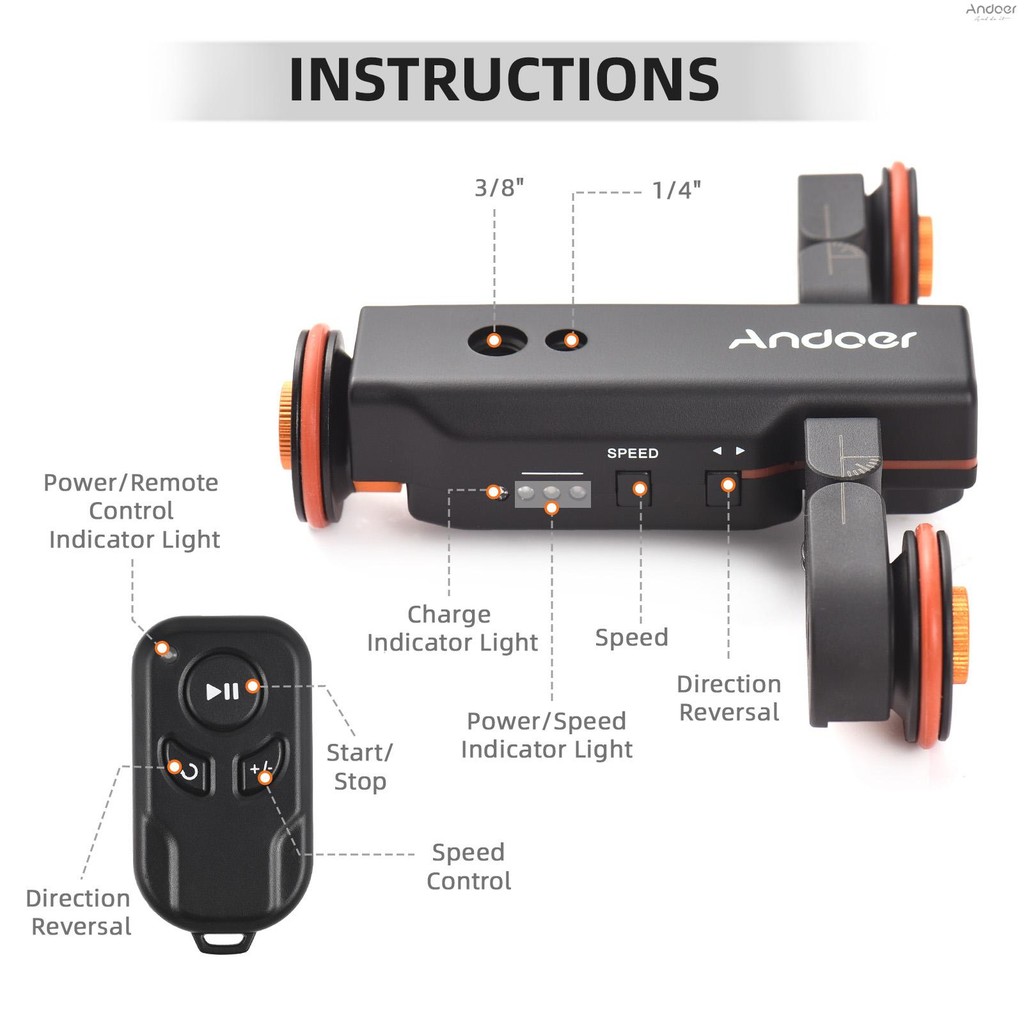 Andoer มอเตอร์กล้องวิดีโอ Dolly ขนาดระบุ Auto Dolly Motorized Video Slider Skater 3 ความเร็วปรับ 2.4G รีโมทคอนโทรลผู้ถือโทรศัพท์ Ballhead เปลี่ยน fo