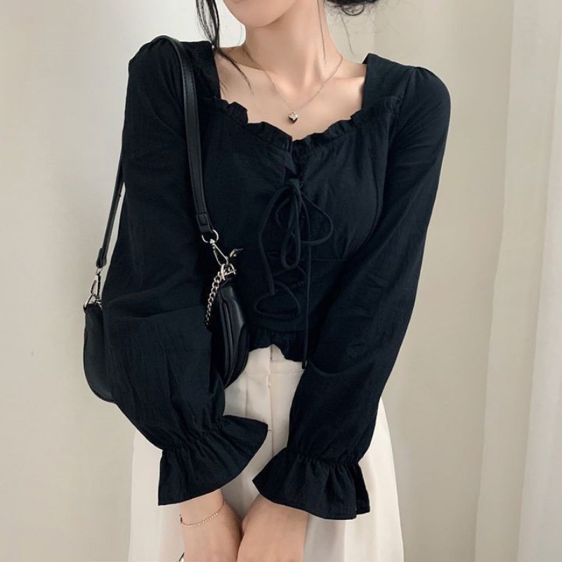 🧡LINNA🧡เวอร์ชั่นเกาหลี แขนยาว สีทึบ เสื้อเชิ้ต ผูกขึ้น แฟชั่น