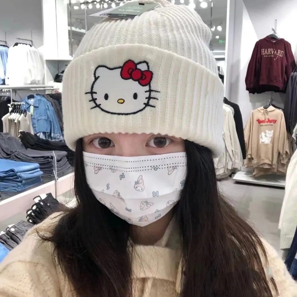 น่ารัก Hello Kitty การ์ตูนเย็บปักถักร้อยถักหมวกหมวกอบเชย Kuromi Pullover หมวกแมวหมวกอบอุ่น