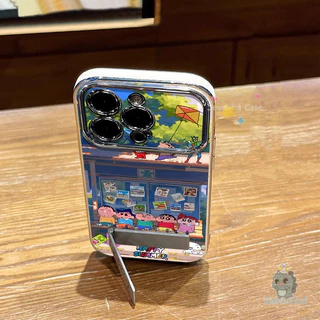 สําหรับ iPhone 11 16 13 12 7Plus 15 14 Pro Max Xr X Xs Max 8 6 6s Plus Case Crayon Shin-chan เวลาว่างเคสโทรศัพท์ + โซ่ + ผู้ถือชุบหรูหราคมชัดหน้าต่างกันกระแทกป้องกันปกหลัง