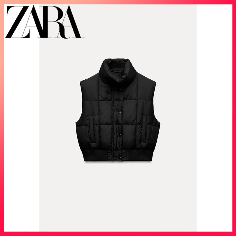 ZARA ซาร่า ฤดูใบไม้ร่วงและฤดูหนาวใหม่เสื้อผ้าสตรียืนขึ้นปกแขนกุดเสื้อกั๊กสั้นปักเป้า