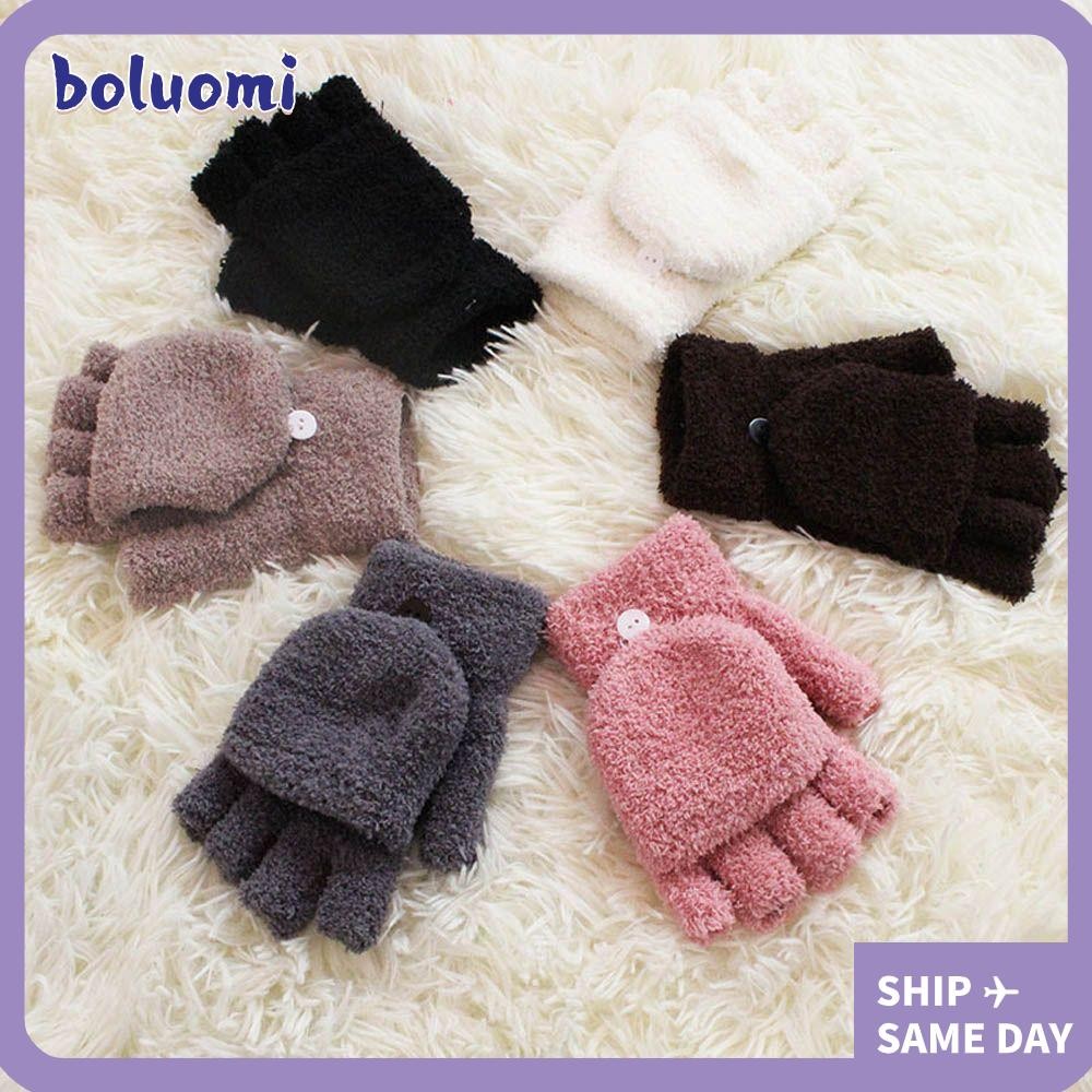 Bolumi ถุงมือกํามะหยี่ปะการังเด็กนักเรียนหนาแฟชั่นเปิดประทุนพลิกด้านบน