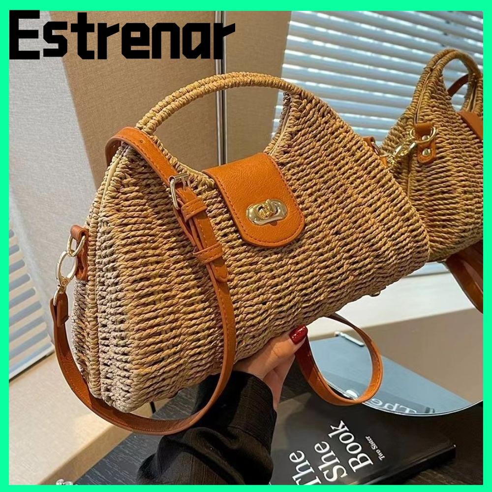 Estrenar กระเป๋าสานแฮนด์เมด,กระเป๋าถือ Hobo Designer,แฟชั่นหูจับกลมใหญ่แฮนด์เมดกระเป๋าชายหาดผู้หญิง