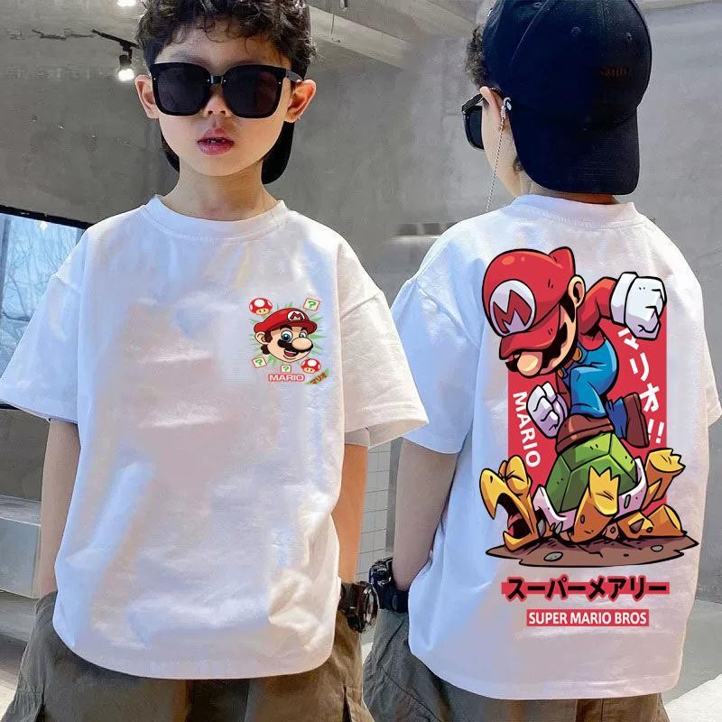 (จัดส่งตลอด 24 ชั่วโมง)เสื้อยืดเด็กชายการ์ตูนมาริโอการ์ตูนญี่ปุ่นเสื้อยืดผ้าฝ้ายเด็กเสื้อยืดพิมพ์ลาย เสื้อยืดเด็ก  ผ้าฝ้