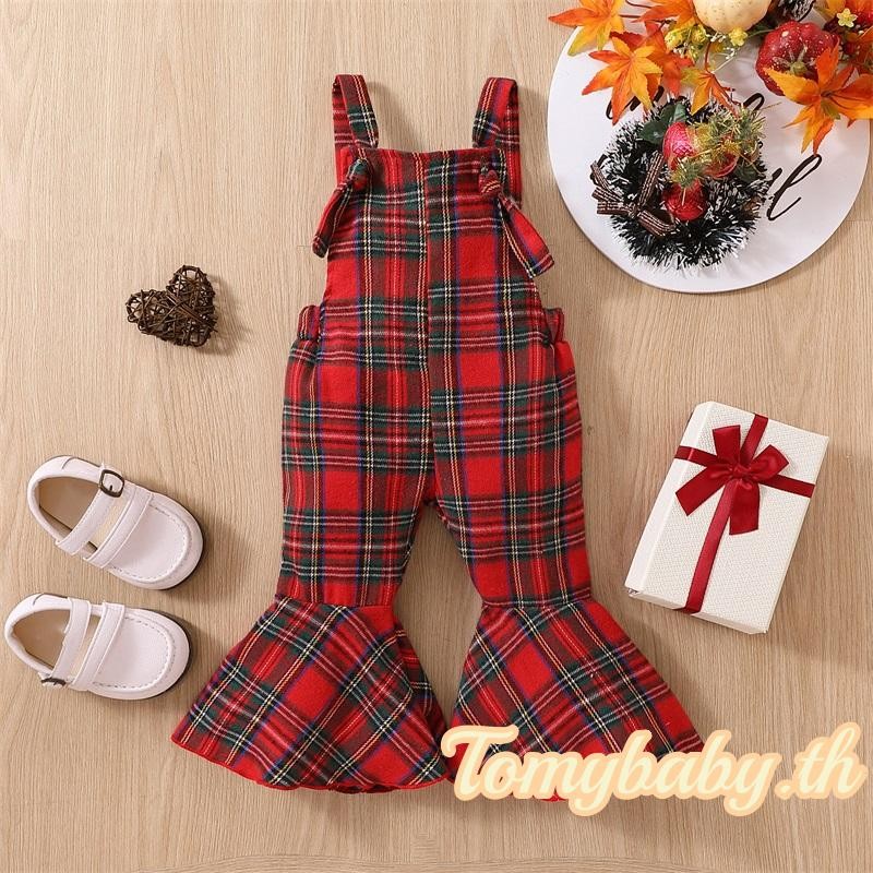 Tomybaby-ชุดจั๊มสูทเด็กผู้หญิง ทรงวินเทจ เอวยางยืด ทรงบาน ลายสก็อต สำหรับสวมใส่ในชีวิตประจำวัน