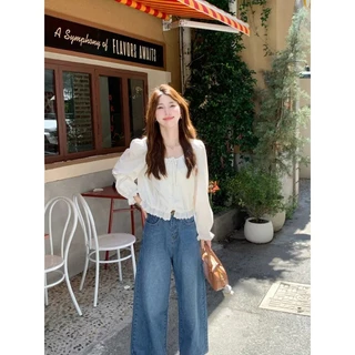 🎀Mona🎀ลูกไม้ ประกบ คอกลม แขนยาว เสื้อเชิ้ต เวอร์ชั่นเกาหลี