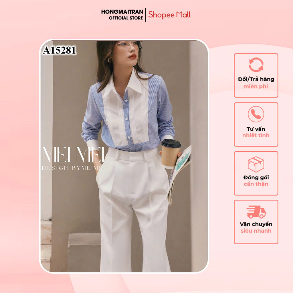 เสื้อเชิ้ตสไตล์ผู้หญิงเสื้อเชิ้ตลายทางสีน้ําเงินคอปกสีขาวแฟชั่นออฟฟิศสําหรับผู้หญิง Hong Mai Tran St