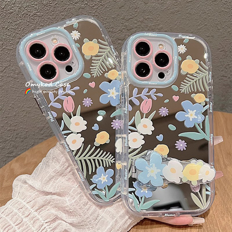 Case+Chain For OPPO A18 A38 A15 A16 A17 A58 A57 A54 A53 A79 A7 A3S INSเกาหลีน่ารักดอกไม้การ์ตูนกระจกเคสโทรศัพท์Anti Dropป้องกัน