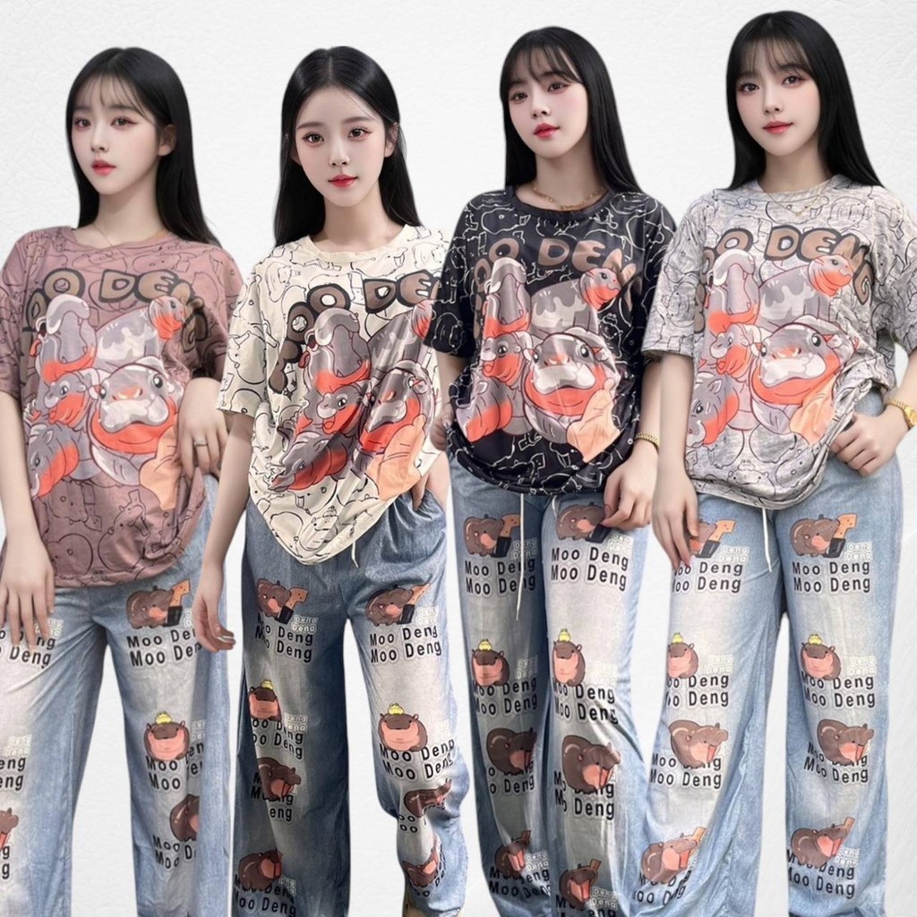 ชุดเซ็ท 2 ชิ้น S257 เสื้อแขนสั้น+กางเกงขายาว สกรีนลายน้องหมูเด้ง มีกระเป๋าสองข้าง เชือกรูดเอว