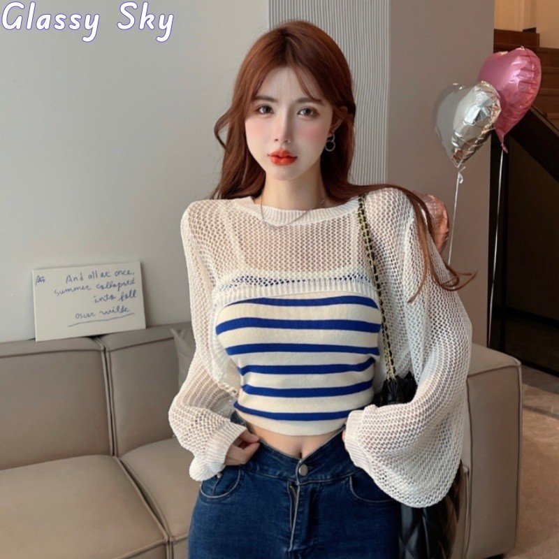 Glassy Sky💖พร้อมส่ง💖เสื้อสายเดี่ยว+เสื้อครอปถักตาข่าย ใส่สบายซีทนรูเบาๆ คอกลม สไตล์เกาหลี (5Y008/0562+0562-1)