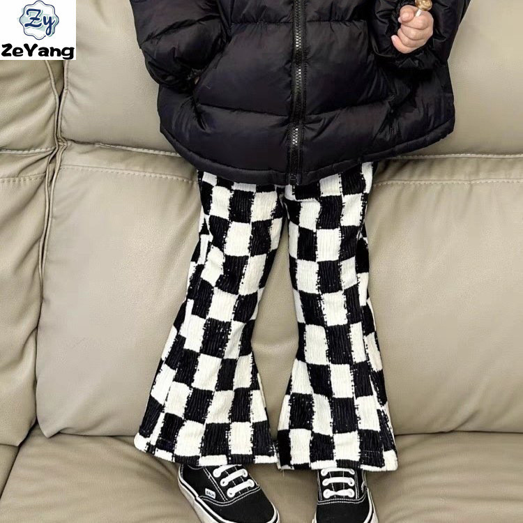 [ZY] 70-150 Ready Stock Childrens Fleece Flared Pants Fashion Casual Pants Autumn Winter Baby Checkerboard Pants Diamond-Shaped Straight-Leg Pants All-Match