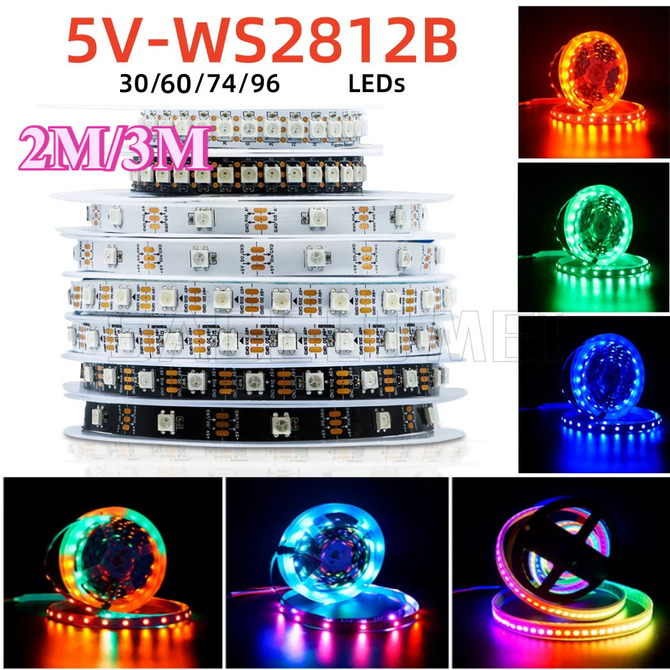 2-3 เมตรสมาร์ท DC5V WS2812B Led Strip 30/60/74/96/144 Leds สีดํา/สีขาว PCB IP30/65/67 WS2812IC ไฟ Led 5050 RGB พิกเซลโคมไฟ