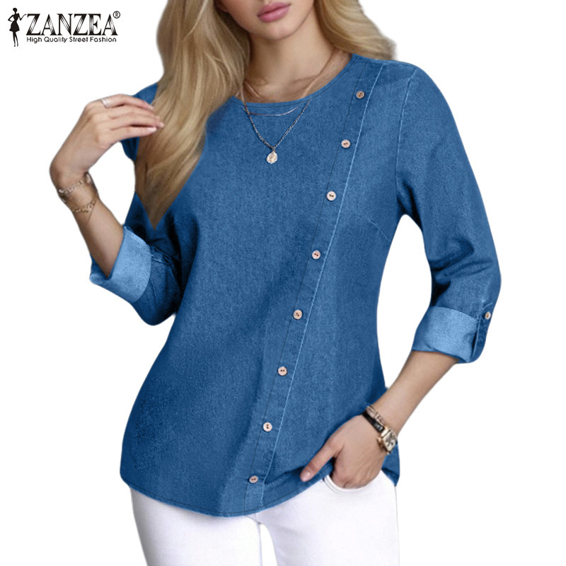 Zanzea เสื้อเบลาส์คอกลมแขนยาวลําลองสไตล์วินเทจสําหรับผู้หญิง