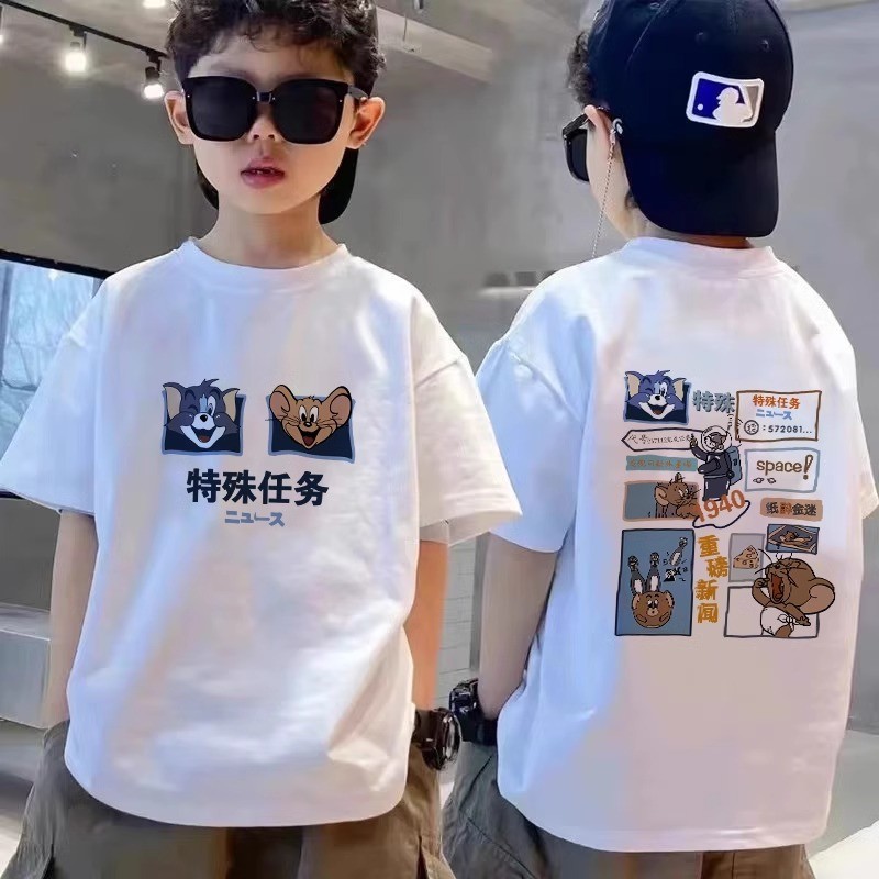 （พร้อมส่งจากกทม มาถึงใน 2วัน）เสื้อผ้าเด็ก เสื้อยืดแขนสั้นผ้าฝ้ายพิมพ์ลายการ์ตูนสบาย ๆ สำหรับเด็ก 100%cotton T-shirt