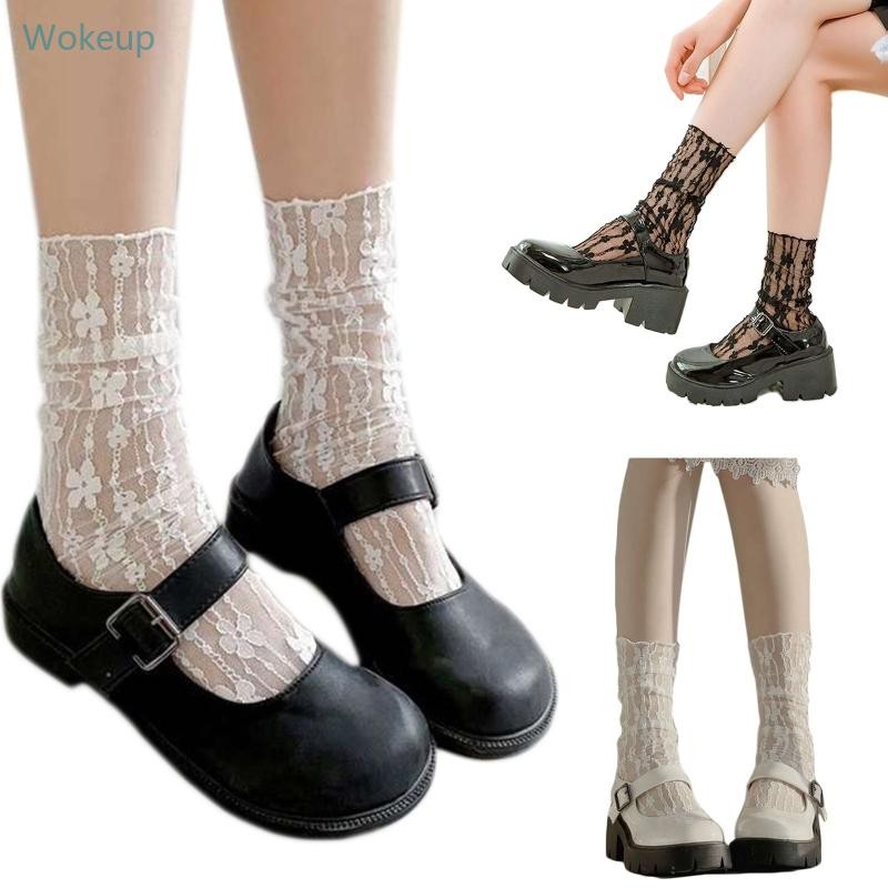 Wake ผู้หญิง Lolita สไตล์ญี่ปุ่นตาข่ายลูกไม้ลูกเรือถุงเท้าดอกไม้หวาน Jacquard ดูผ่านฤดูร้อน Thn Tulle กลางหลอด Housier