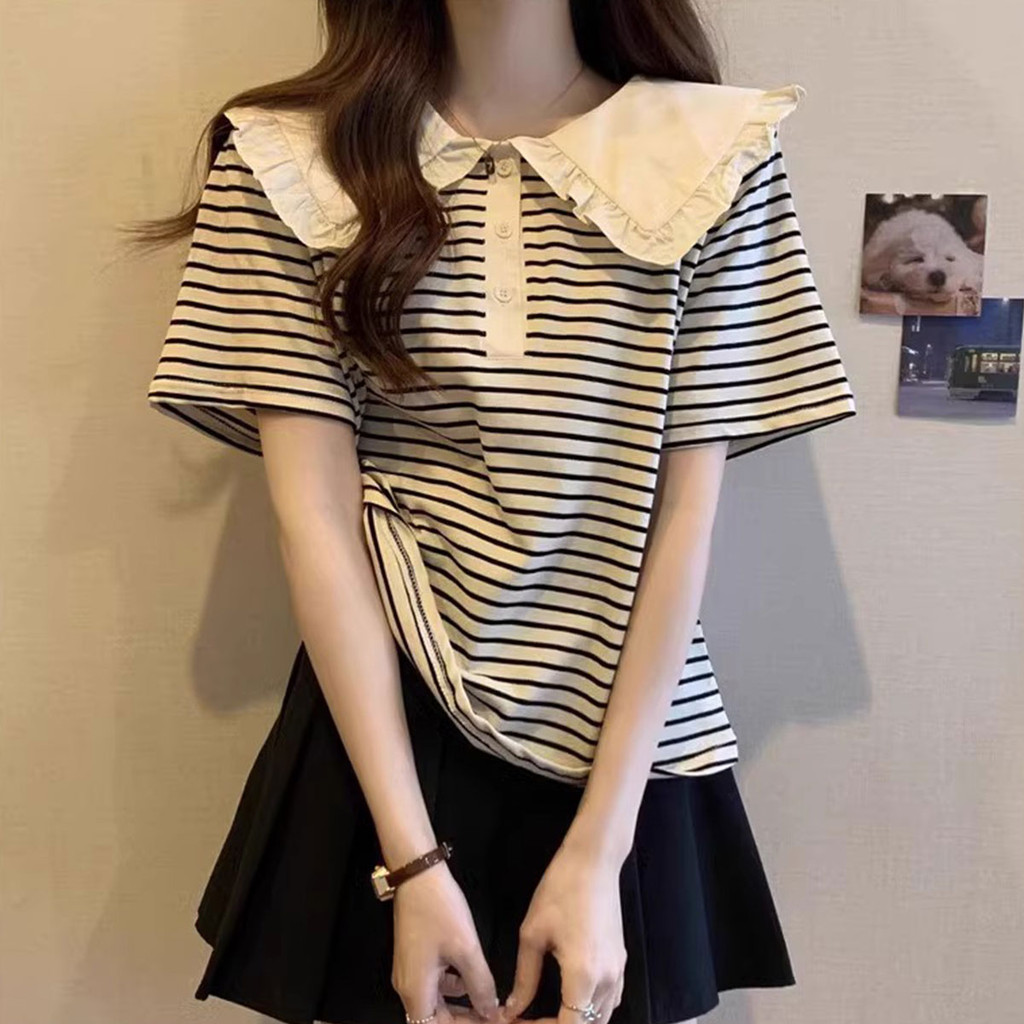 เสื้อยืดแขนสั้นคอปีกลายทาง แนวสตรีทใส่สบาย - รูปที่ 5