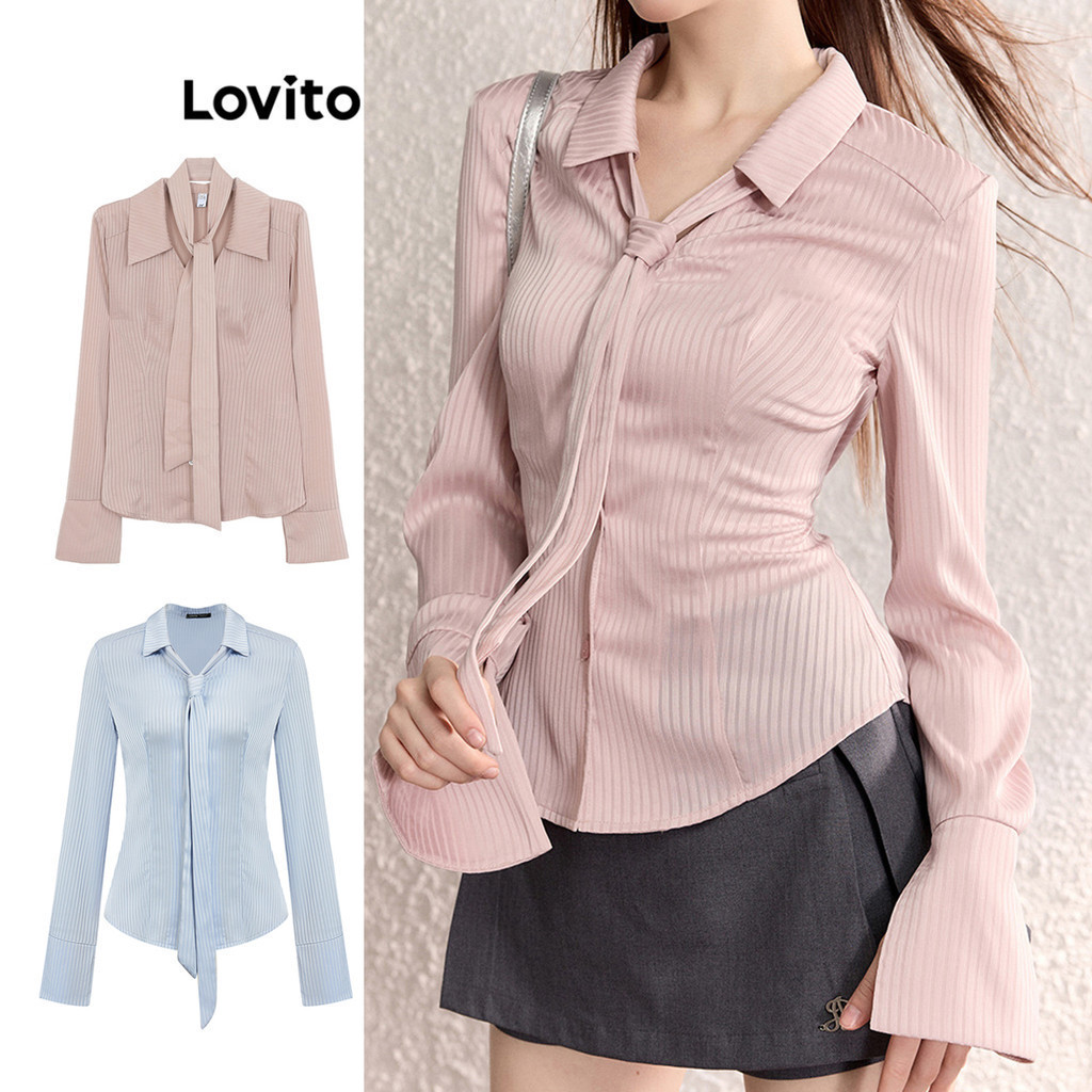 Lovito เสื้อเบลาส์ผู้หญิง ลายตัวอักษร แต่งกระเป๋าปลอม กระดุมด้านหน้า ลายทาง สไตล์ลำลอง LNE42102(หลากสี)