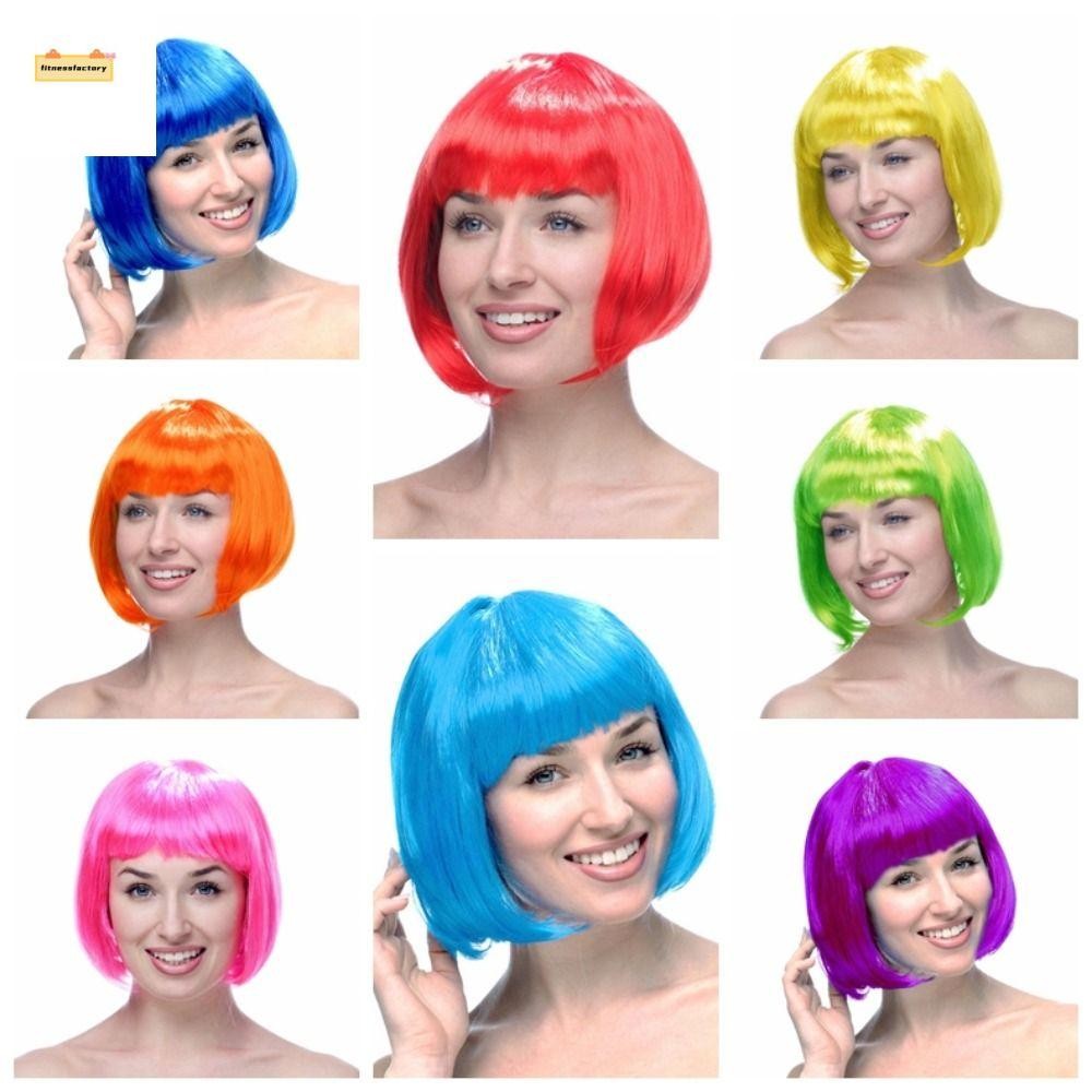 Fitnessfactory ผู้หญิง Bobo วิกผม, สีตลกคอสเพลย์ปาร์ตี้ Bob ผม, คริสต์มาส Carnival ธรรมชาติ Breathable สีฟ้าสั้นตรงผมแต่งหน้า Party