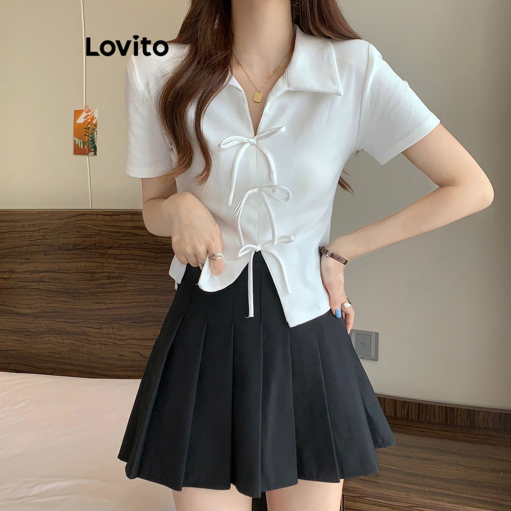 Lovito เสื้อยืดผู้หญิง แต่งโบว์ สีพื้น สไตล์ลำลอง LNE63287