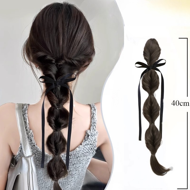 ผมเปียวิกผมสําหรับผู้หญิง เปียฟอง โบว์คลิป หางม้าวิกผมจําลอง ยาว 40 ซม