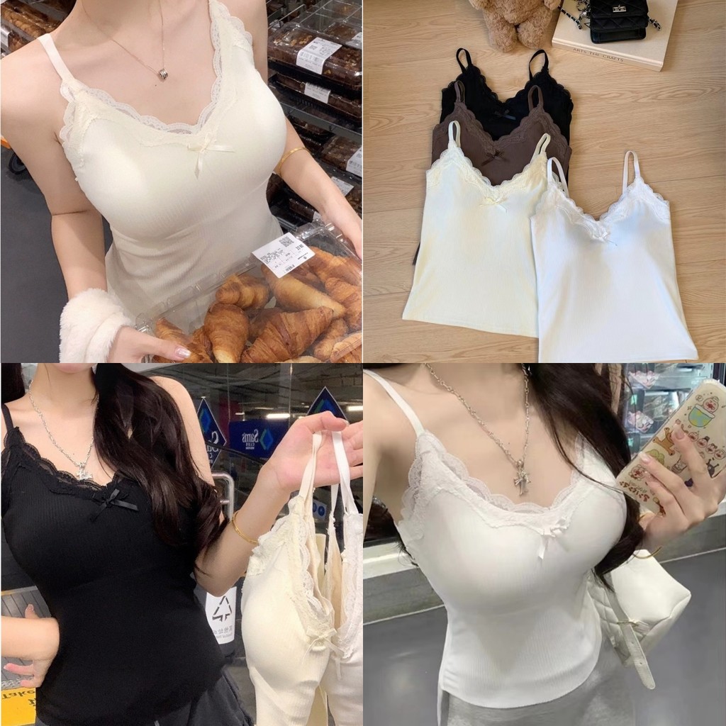 Bonnie ​เสื้อสายเดี่ยว มีฟองน้ำ สีพื้น แต่งลูกไม้ น่ารักมากๆ เสื้อกล้าม ยืดตามตัวใส่ง่าย แต่งโบว์ สไตล์ลำลอง#FY1092