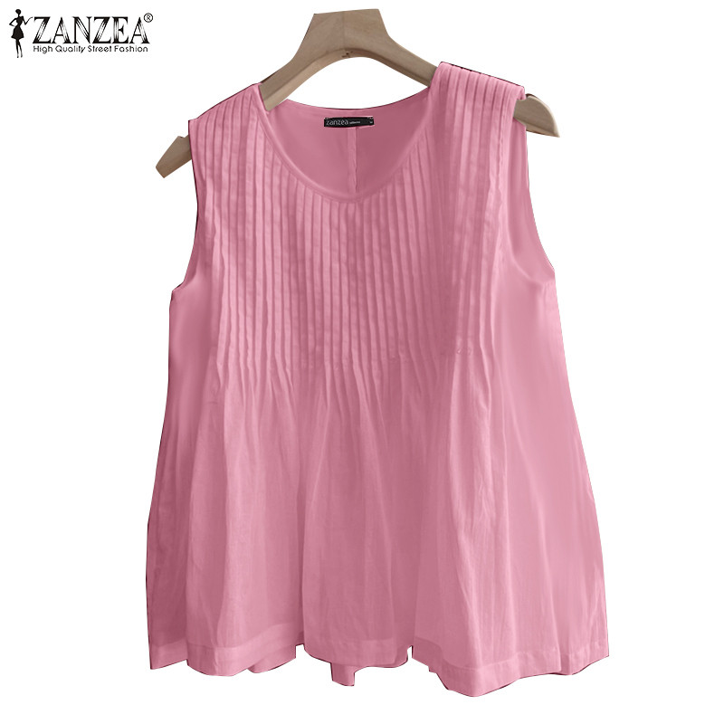 ZANZEA ซานเซีย ผู้หญิงฤดูร้อนเกาหลีลําลองจีบคอวีแขนกุดหลวมถัง