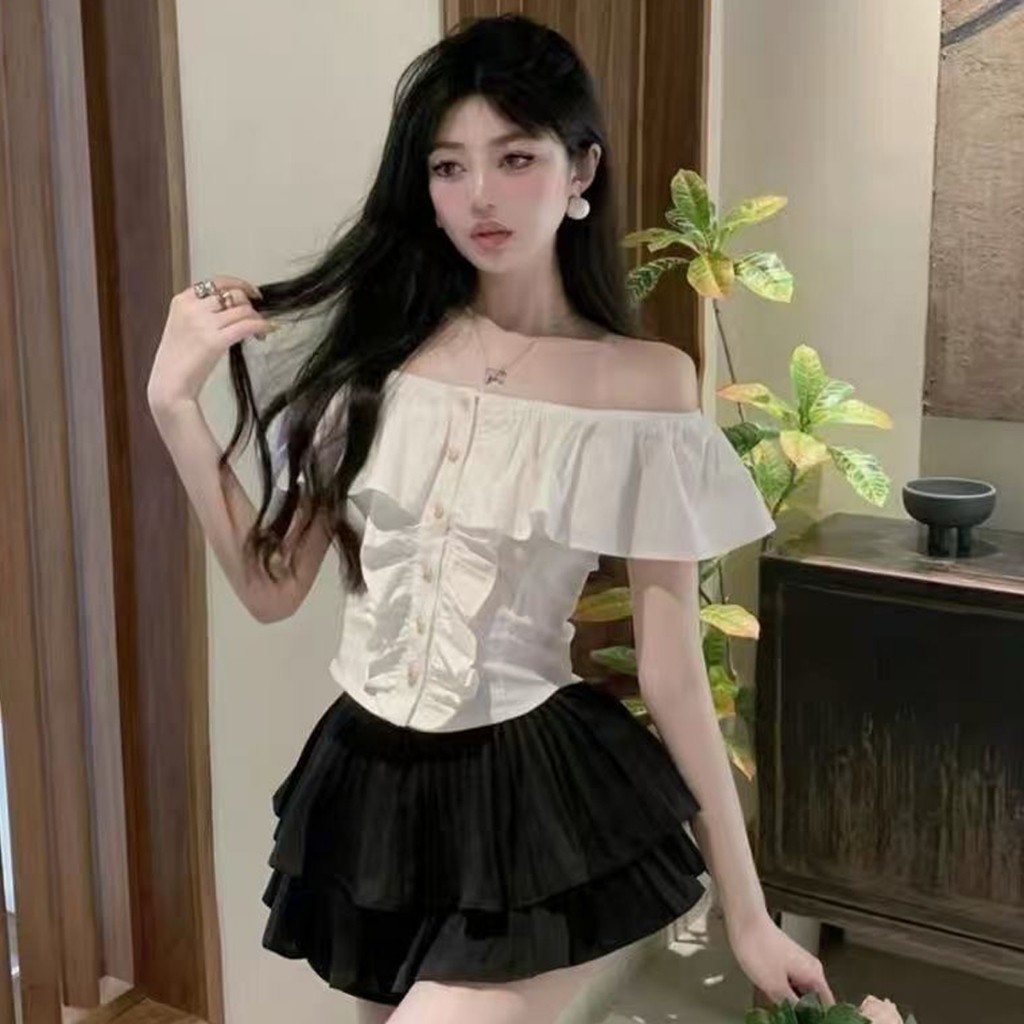 เสื้อครอปฝรั่งเศสเปิดไหล่พร้อมกระโปรง - รูปที่ 4