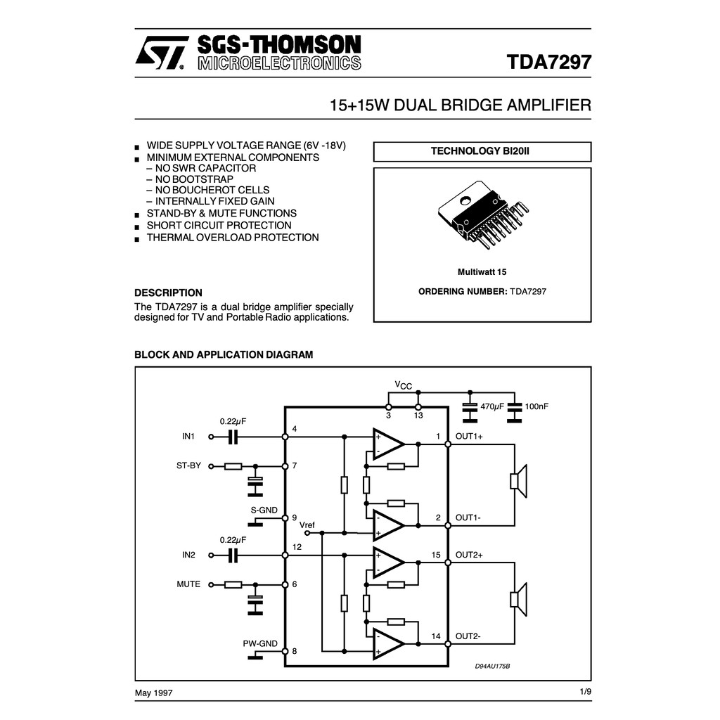 (1ตัว) [IC] TDA7297 ST 15+15W DUAL BRIDGE AMPLIFIER - รูปที่ 2