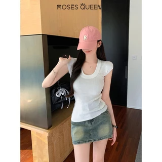 MOSESQUEEN การออกแบบอารมณ์ที่สวยงาม U-คอด้าย Slim ไหล่แขนสั้นเสื้อยืด 2025 ฤดูร้อนใหม่ Slim สุภาพสตรีด้านบน #59812