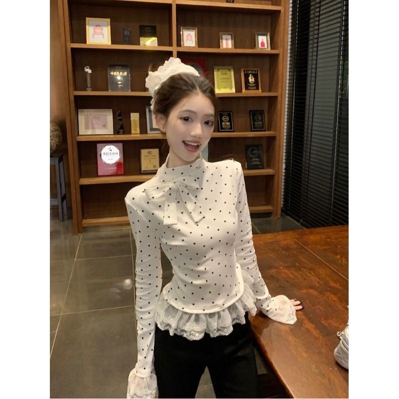 เสื้อยืดคอปกสูงครึ่งลายจุดผ้าฝ้ายสำหรับผู้หญิงเสื้อ bottoming ฤดูใบไม้ผลิลูกไม้ด้านในเสื้อสั้นมิงค์จ